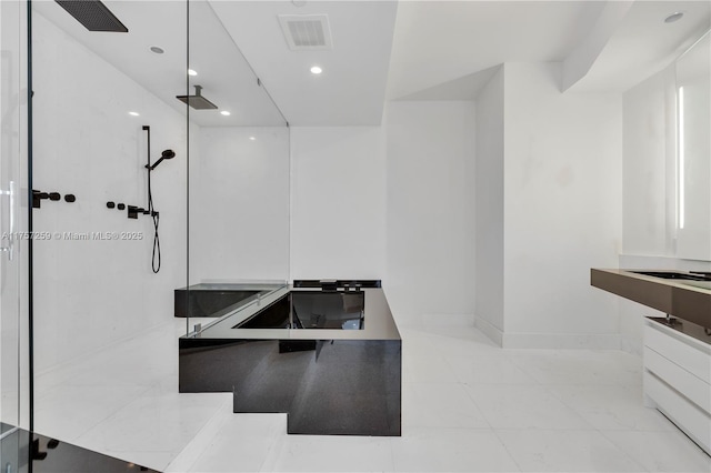 full bath with recessed lighting, visible vents, baseboards, and walk in shower