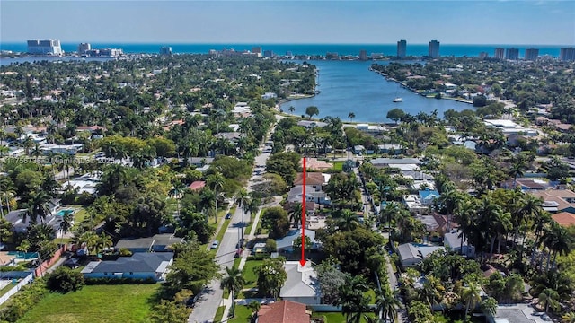 bird's eye view with a water view