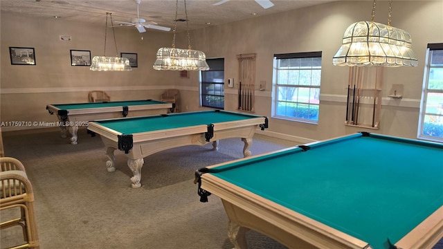 rec room featuring pool table, carpet flooring, and ceiling fan