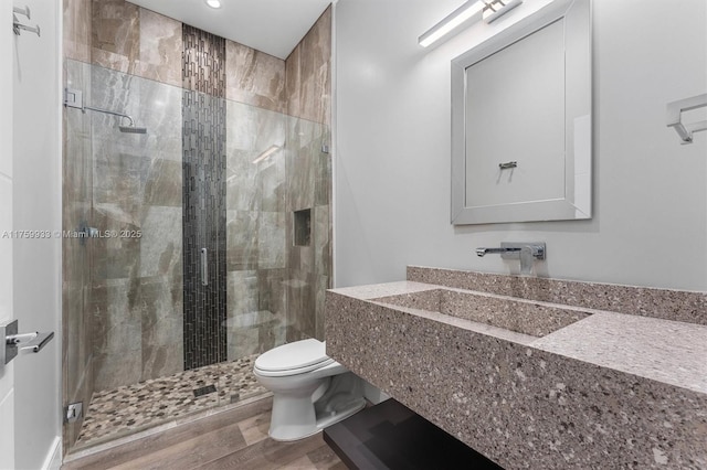 bathroom featuring wood finished floors, a shower stall, toilet, and a sink