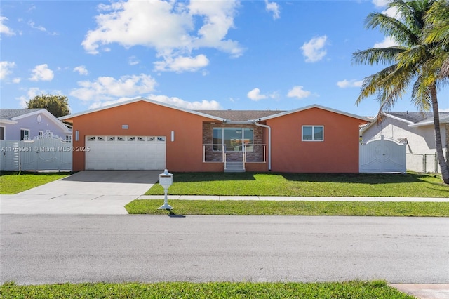 single story home with stucco siding, driveway, a front lawn, a gate, and an attached garage