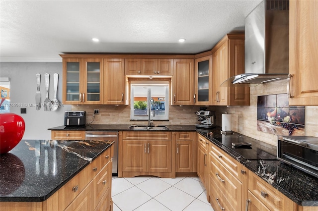 kitchen with light tile patterned flooring, a sink, stainless steel dishwasher, wall chimney range hood, and black electric cooktop