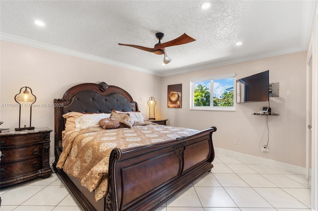 bedroom featuring a textured ceiling, light tile patterned floors, baseboards, and ornamental molding