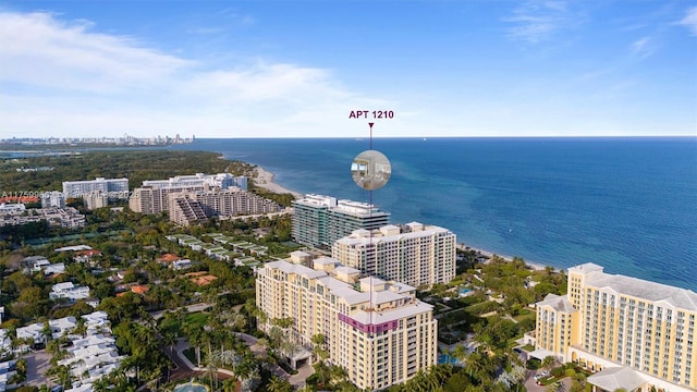 birds eye view of property with a view of city and a water view