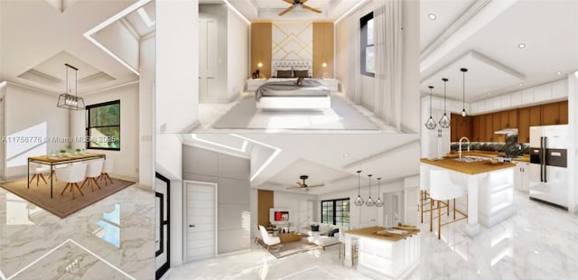 interior space featuring recessed lighting, a ceiling fan, and marble finish floor