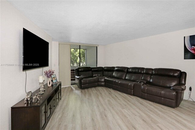 living area featuring a textured ceiling and light wood-style flooring