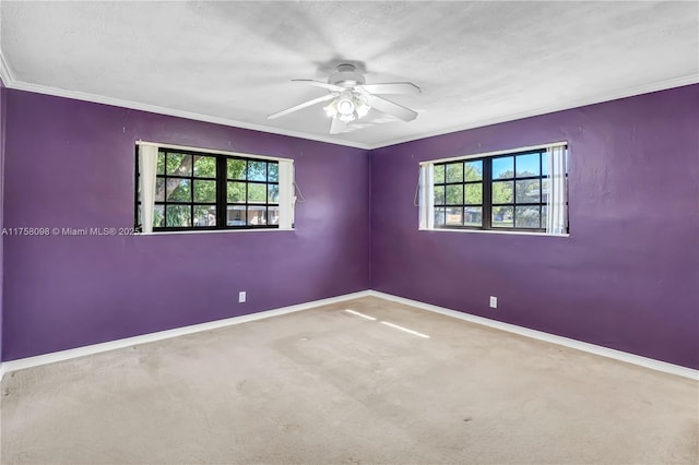 unfurnished room with plenty of natural light, baseboards, carpet, and a ceiling fan