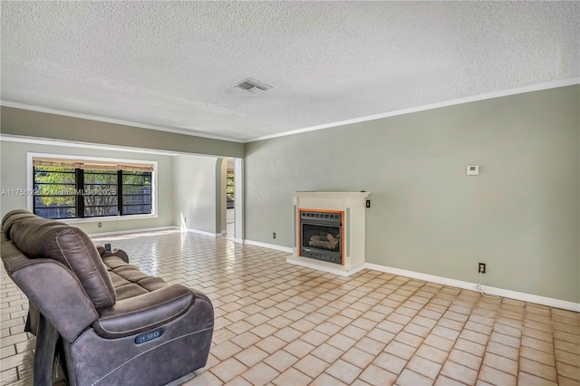 living area featuring tile patterned floors, a fireplace with raised hearth, visible vents, and ornamental molding