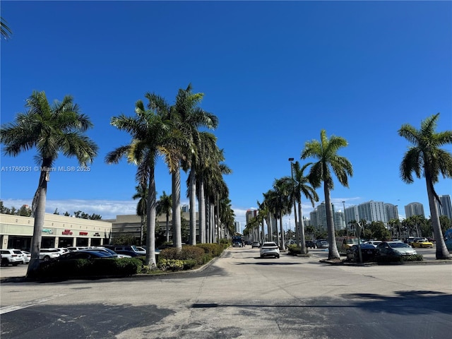 view of street with curbs and a view of city