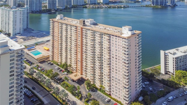 bird's eye view with a city view and a water view