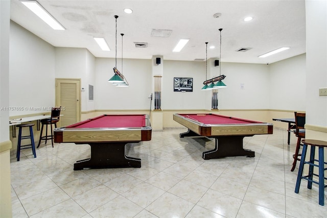 game room with recessed lighting, tile patterned flooring, visible vents, and billiards