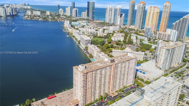 drone / aerial view featuring a city view and a water view