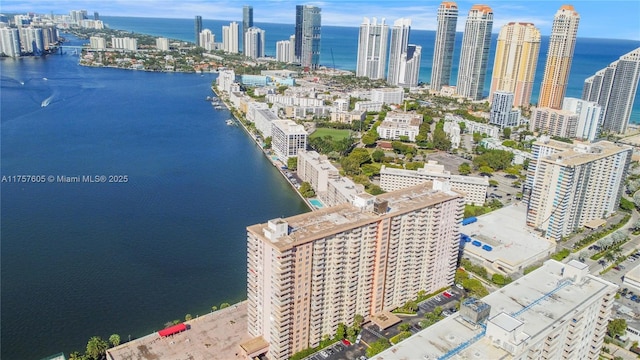 birds eye view of property featuring a city view and a water view