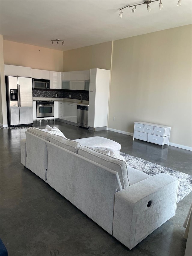 living area with track lighting, concrete floors, and baseboards