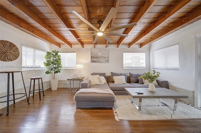 living area with beam ceiling, wood ceiling, a ceiling fan, and wood finished floors