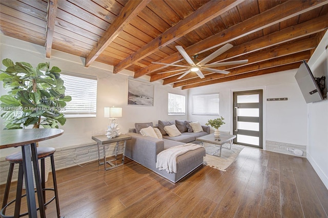 living area featuring plenty of natural light, wood ceiling, and hardwood / wood-style floors