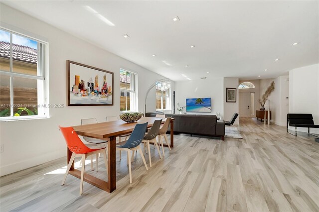 dining area with recessed lighting, baseboards, and light wood-style floors