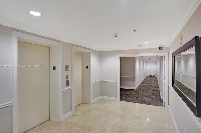 hall with elevator, recessed lighting, visible vents, and ornamental molding