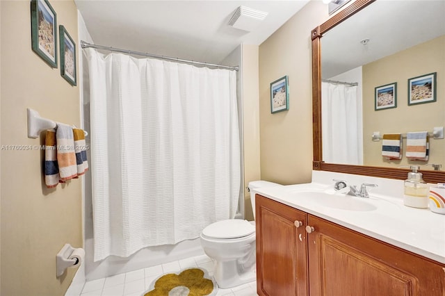 bathroom featuring visible vents, toilet, shower / tub combo, tile patterned floors, and vanity