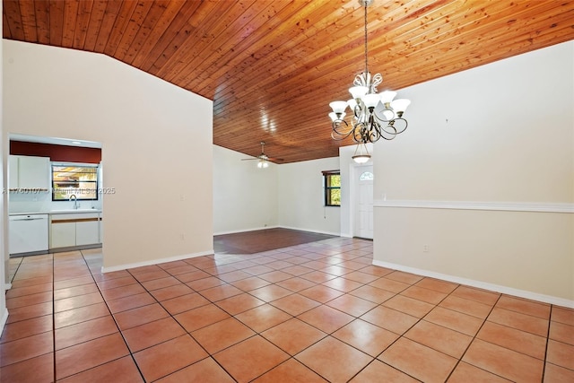 unfurnished room with ceiling fan with notable chandelier, a sink, wooden ceiling, light tile patterned floors, and baseboards