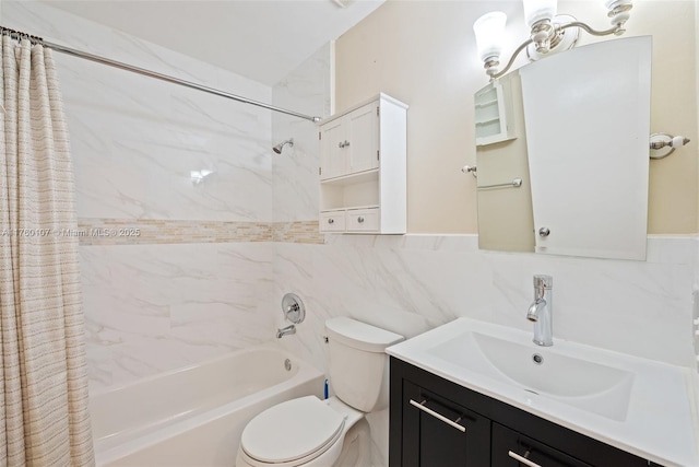 bathroom with vanity, shower / bath combination with curtain, tile walls, toilet, and tasteful backsplash