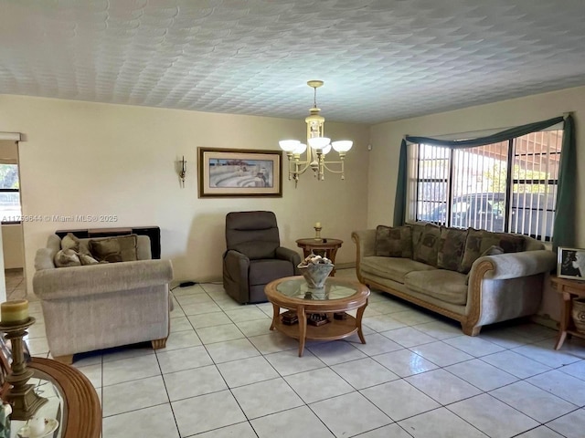 living area with light tile patterned floors, a wealth of natural light, and a chandelier