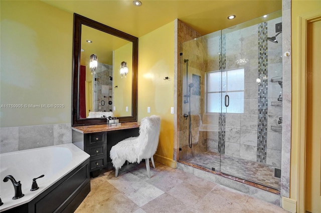 full bath with recessed lighting, a garden tub, a stall shower, and vanity