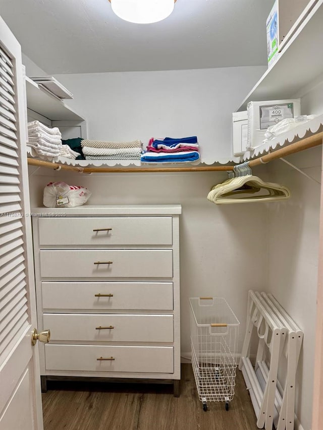 spacious closet featuring dark wood finished floors