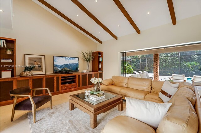 5780 Magnolia Ln, Coral Gables, FL 33156 - living area featuring beam ceiling, high vaulted ceiling, and recessed lighting