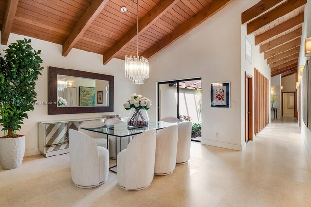 5780 Magnolia Ln, Coral Gables, FL 33156 - dining area featuring wood ceiling, baseboards, a chandelier, and light flooring