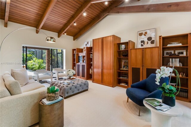 5780 Magnolia Ln, Coral Gables, FL 33156 - living room with light carpet, wooden ceiling, beamed ceiling, and high vaulted ceiling