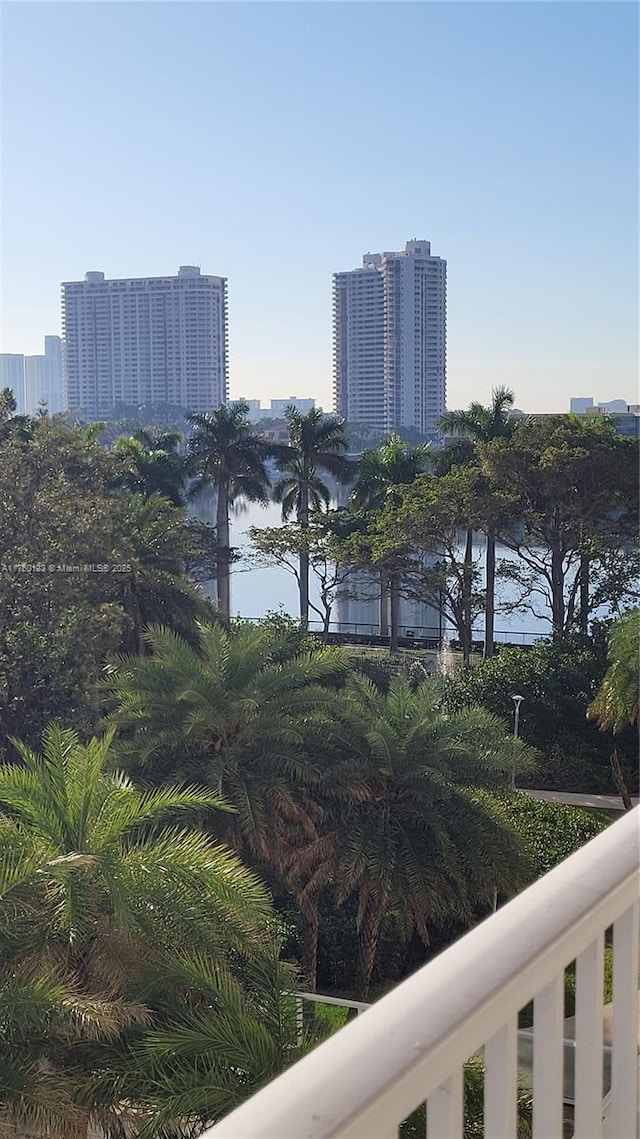 view of water feature with a city view