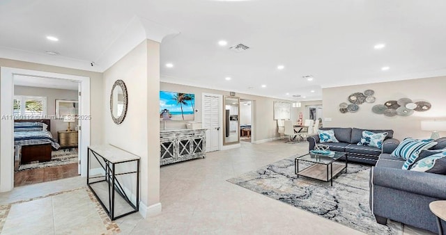 living area featuring recessed lighting, visible vents, crown molding, and light tile patterned floors