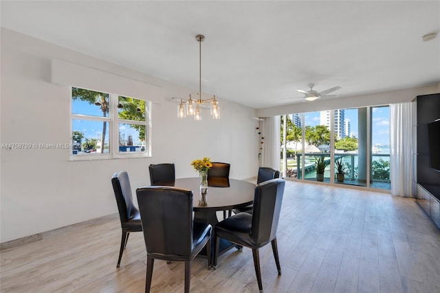 dining area featuring light wood-style flooring and a ceiling fan