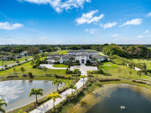 drone / aerial view featuring a water view