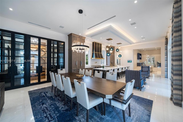 dining space with recessed lighting, light tile patterned flooring, french doors, and visible vents