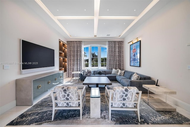 living room with crown molding, built in features, baseboards, and coffered ceiling