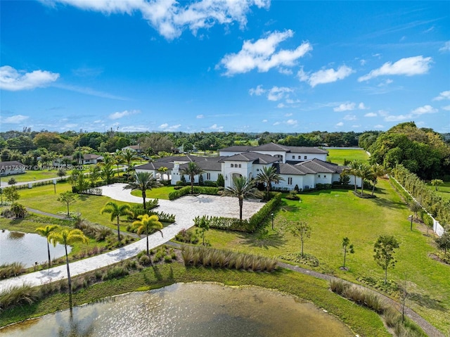 aerial view featuring a water view