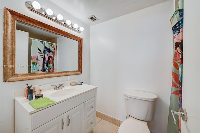 full bathroom with vanity, a shower with curtain, visible vents, tile patterned flooring, and toilet