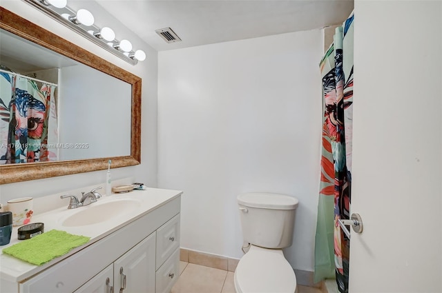 full bathroom with vanity, visible vents, baseboards, tile patterned flooring, and toilet