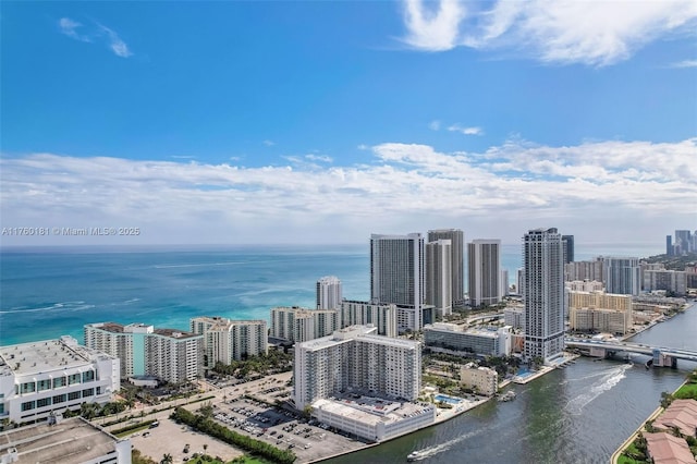 aerial view with a water view and a city view