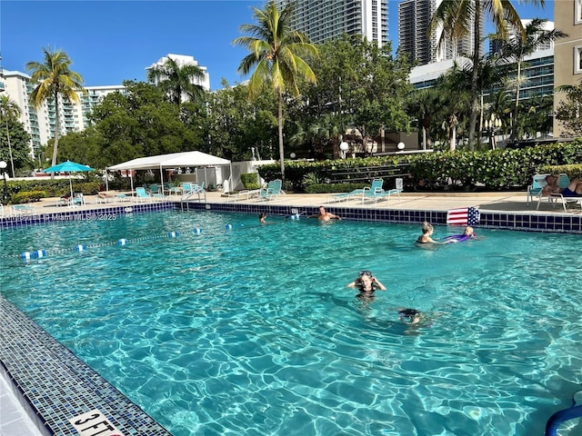 pool featuring a patio area and fence