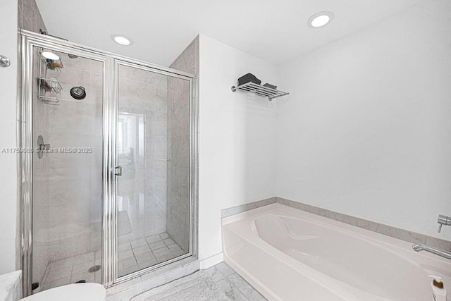 950 Brickell Bay Dr Unit 3605, Miami, FL 33131 - full bathroom with a shower stall, a bath, recessed lighting, and marble finish floor
