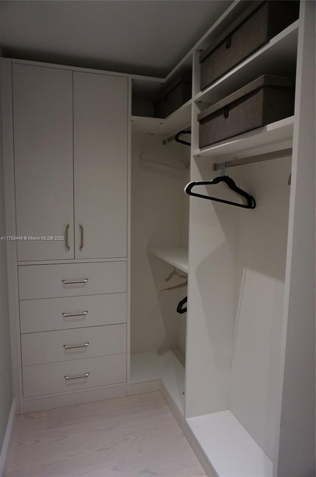 walk in closet with light wood finished floors