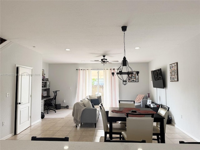 dining room featuring light tile patterned floors, baseboards, ceiling fan, and recessed lighting