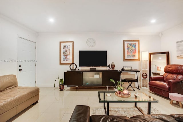 living room with recessed lighting, baseboards, ornamental molding, and tile patterned flooring