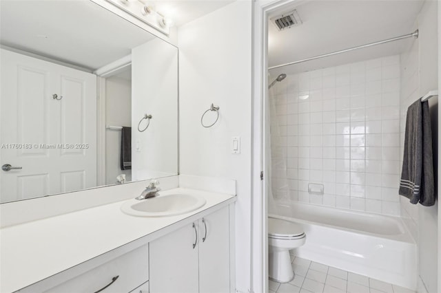 full bathroom with vanity, visible vents, bathtub / shower combination, tile patterned floors, and toilet