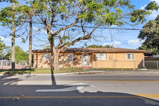 view of front facade featuring a fenced front yard and stucco siding