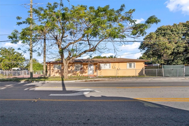 view of front of house with a fenced front yard and stucco siding