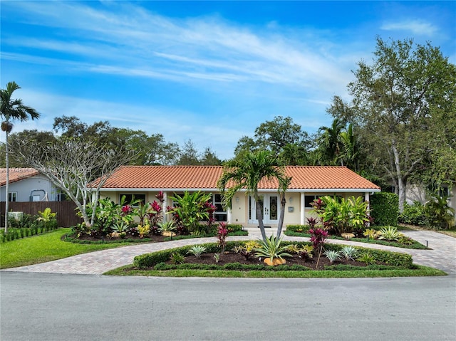 mediterranean / spanish-style home featuring fence, curved driveway, stucco siding, and a tile roof